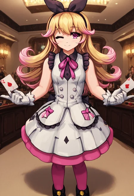 score_4,score_5,score_6,score_7_up,score_8_up,score_9
((masterpiece,best quality,ultra detailed,highres,HD,4k:1.2)),
1girl,solo,
dark pink eyes, blonde hair, long hair, hairband, ribbon, multicolored hair, pink hair tips, bangs, ribbon on clothes, pink pantyhose, white gloves, gloves, sleeveless dress, frilly dress, black footwear, black shoes,
standing,Indoors, luxurious interiors,holding a playing card, smile, wink,