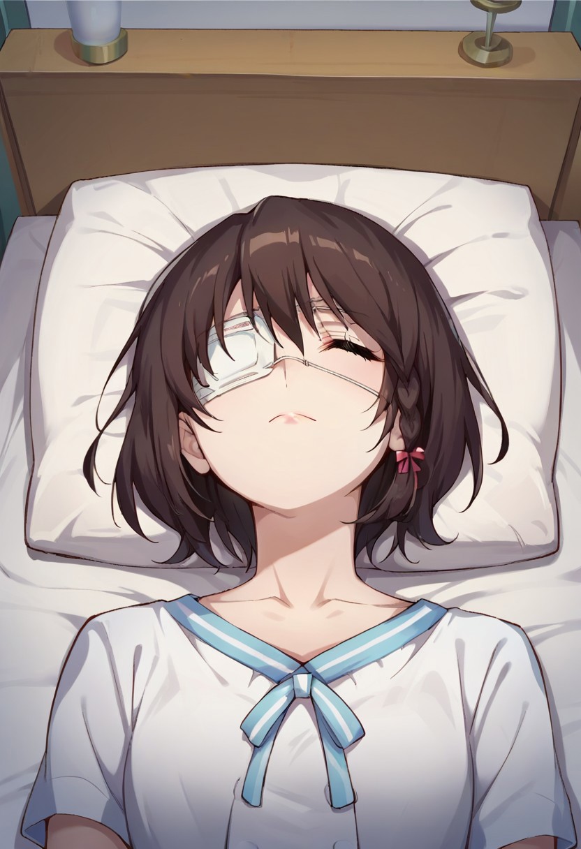 score_9, score_8_up, score_7_up, source_anime, fujiokamisaki, medical eyepatch, closed mouth, lying, closed eyes, on back, dress, portrait, bed, indoors