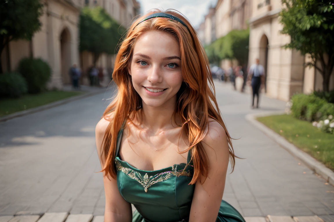 (score_9, score_8_up, score_7_up, score_6_up,outline, depth of field),masterpiece, best quality, realistic, 
  ,  green gown,, blue eyes, hairband, surprised smile,  ginger hair, long hair, straight hair, kneeling, <lora:Emelie Nobody_epoch_12_Pony_VX:0.8> 3m3li3vx,