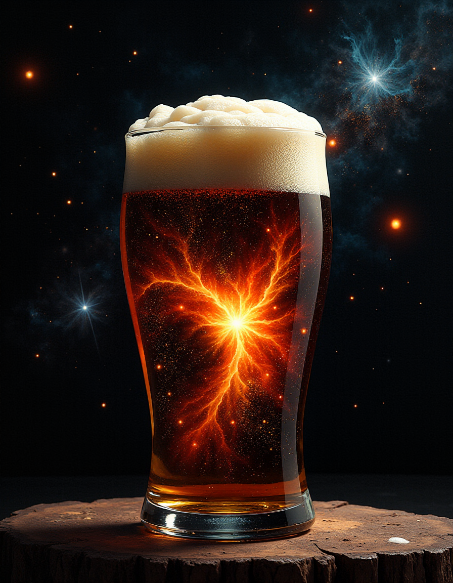a painting of a star cluster in the sky with a lot of stars in the center of the image, Anato Finnstark, cosmic horror, an airbrush painting, space art, cosmic clouds, galaxies, black holes, stars, the star cluster and cosmic clouds form a beer glass with this inside: Kentucky Common: Amber-orange to brown. Typically clear, but may have some light haze. Foam stand may not be long lasting, Pint glass, nonic pint glass, or shaker pint glass. , that looks into the image, highly detailed, DSLR, raw, Panasonic Lumix GH4, f1.2, 50mm, cinematic lighting  <lora:fluxenhancer:1>, black, white, red color-scheme,