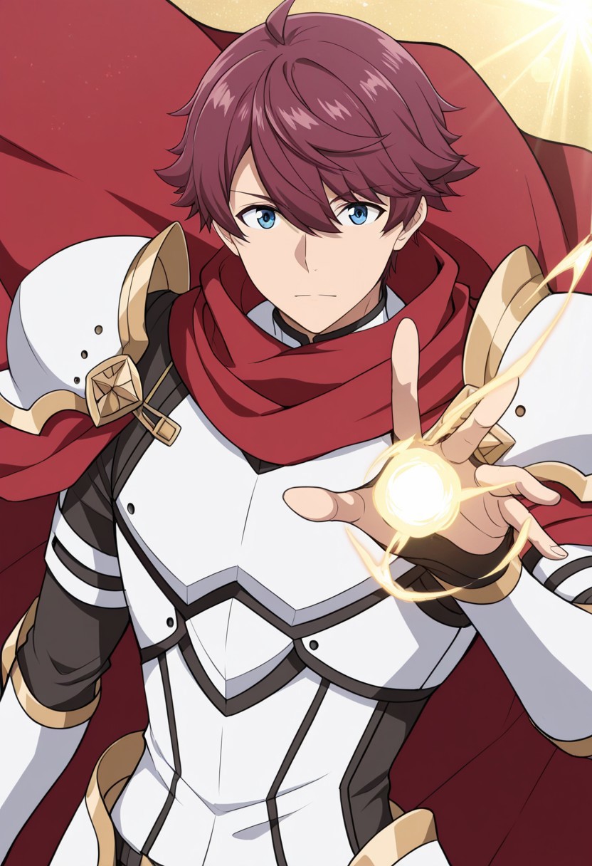 score_9, score_8_up, score_7_up, score_6_up, score_5_up, score_4_up, high quality, (detailed eyes:1.5), (detailed face), ((perfect face)), master piece, best high quality, ultra details, intricate details, male focus, detailed body, detailed background, perfect anatomy, masterpiece, high quality, best quality, amazing quality, very aesthetic, absurdres, ryuusen kazuki, maroon hair, blue eyes, white armor, gold trim, red cape, red scarf, hand above head, hand raised, magic, light magic, lens flare