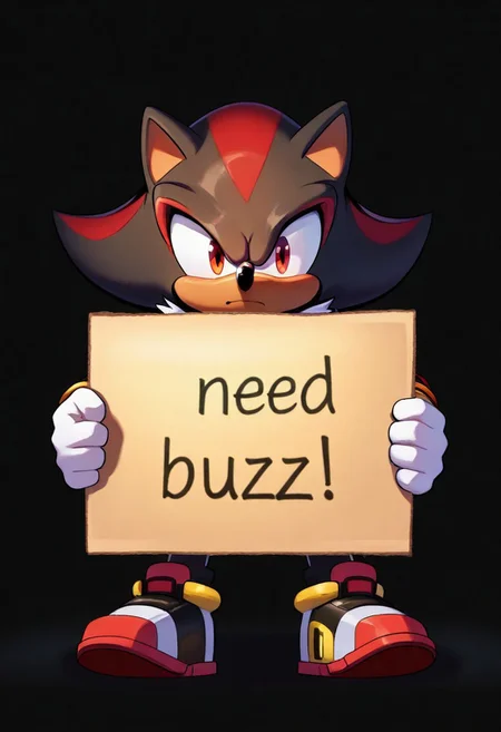 score_9, score_8, score_7, BREAK, c4toony style, Expressiveh, thighhighs, Shadow the Hedgehog, black fur, red eyes, two tone fur, ears animal, tail animal, 1boy, solo, sad, high quality, detailed, high resolution, sitting, looking at viewer, ((need_buzz, holding sign, cardboard sign)), black background