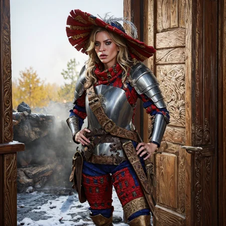 RAW photo, (masterpiece:1.3), subsurface scattering, heavy shadow, (high quality:1.4), (intricate, high detail:1.2), professional photography, HDR, High Dynamic Range, realistic, ultra realistic, photorealistic, high resolution, film photography, ambient lighting, atmospheric effects, <lora:detail_slider_v4:2>, OverallDetail, Amber, <lora:Amber:1>, as a female landsknecht, <lora:Landsknecht:0.8>, hat, boots, armor, plume, <lora:zoom_slider_v1:2>
