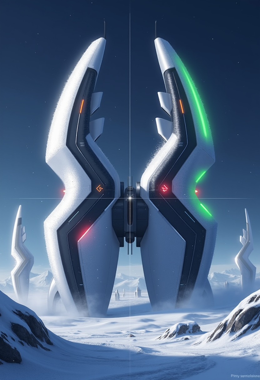 yfg-srs Biopunk Anime, abstract image in blues and reds, with bold, angular lines. colossal furry Sci-Fi towers in the shape of a cats arm and paw, piercing the evening mist. The environment feels almost serene, with no wind, just a light dusting of snow gently falling from the sky. The snow at the base of the towers is untouched, forming pristine, sparkling blankets, while the top of each tower shimmers with a slight frost that has settled on the steel. The station's lights are a soft lime green, contrasting gently with the whiteness of the structures. In the distance, other white towers fade toward the horizon, creating a sense of endlessness. Dark gradient blue late evening sky, bio-mechanical style