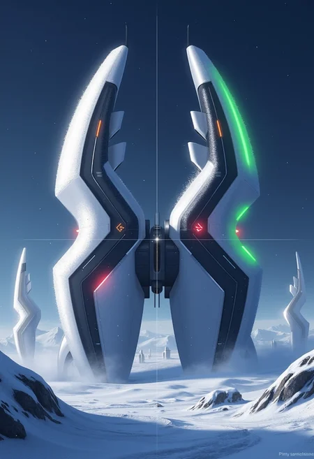yfg-srs Biopunk Anime, abstract image in blues and reds, with bold, angular lines. colossal furry Sci-Fi towers in the shape of a cats arm and paw, piercing the evening mist. The environment feels almost serene, with no wind, just a light dusting of snow gently falling from the sky. The snow at the base of the towers is untouched, forming pristine, sparkling blankets, while the top of each tower shimmers with a slight frost that has settled on the steel. The station's lights are a soft lime green, contrasting gently with the whiteness of the structures. In the distance, other white towers fade toward the horizon, creating a sense of endlessness. Dark gradient blue late evening sky, bio-mechanical style