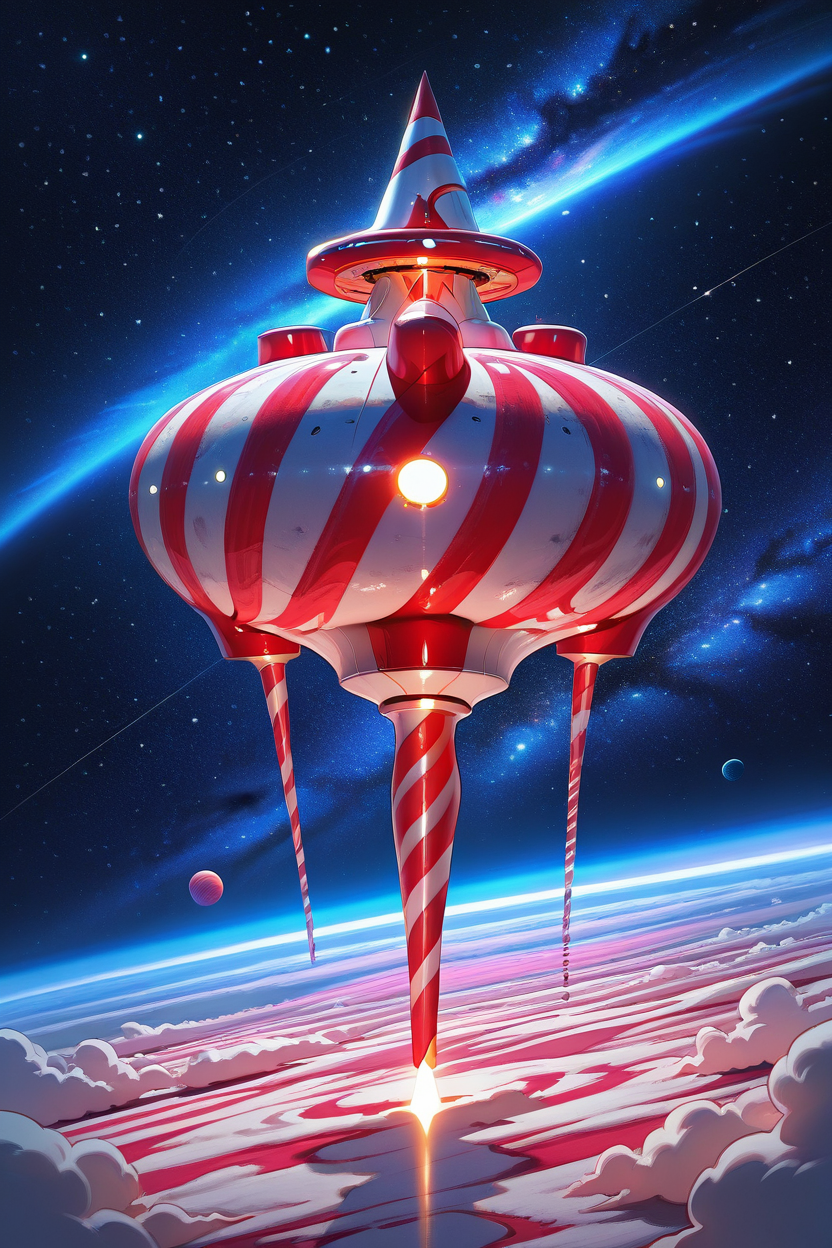 masterpiece, best quality,   CandyCaneMorph,   spaceship, space, stars, planets,    ,<lora:CandyCaneMorphIXL_v1:1.0>,