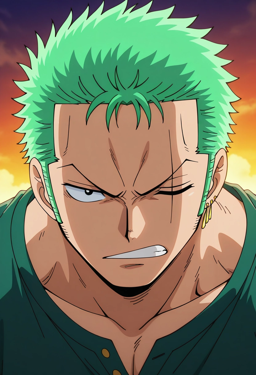 masterpiece, best quality, intricate details, anime screencap, , , looking at viewer, 1boy, solo, male focus, <lora:zoro_roronoa_ilxl:0.92>, zoro_roronoa, green hair, black eyes, short hair, post timeskip, scar across eye, one eye closed, sideburns, , , ,