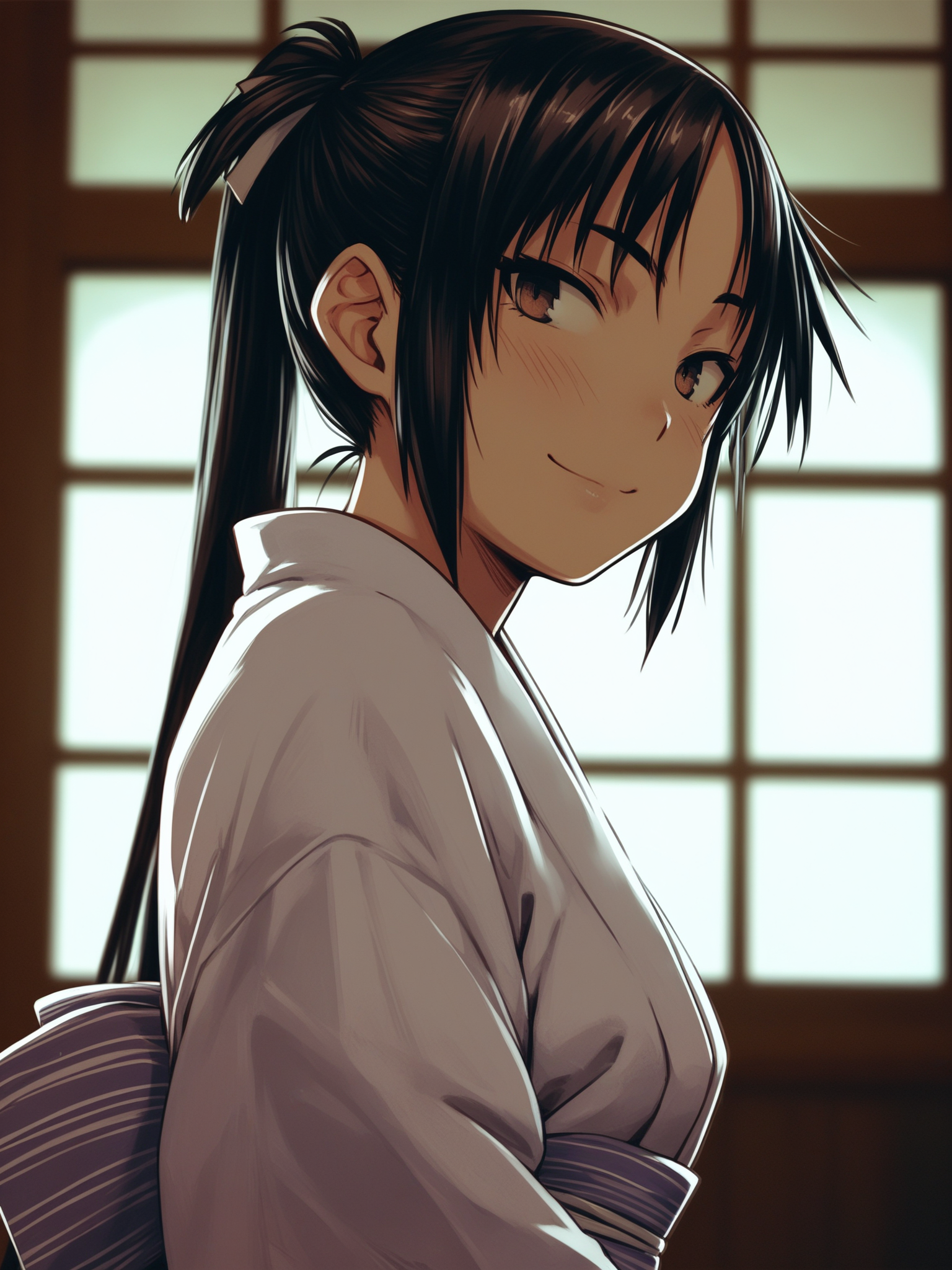 <lora:happy_tentacle-hinata-v0.1-000060:1>, ht_hinata, black hair, brown eyes, yukata , indoors 1girl, solo, upper body , , ( seductive smile :1), , looking away , , from side , score_9, score_8_up, score_7_up, score_6_up, score_5_up, score_4_up