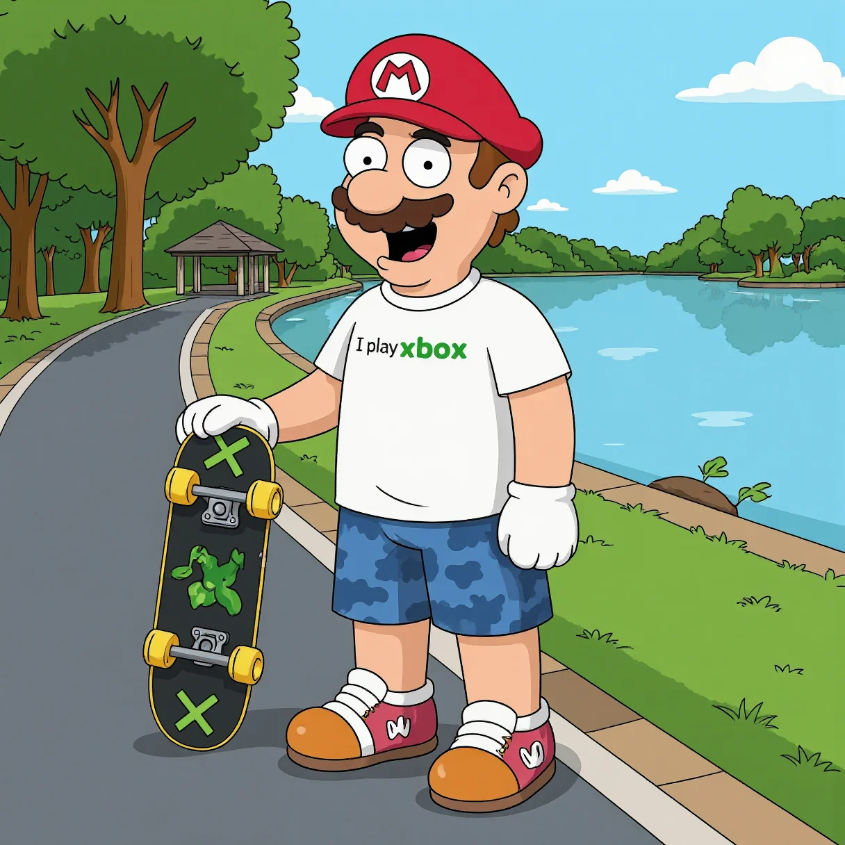 A digital drawing in a cartoon style depicts mario . He wears a white T-shirt with "I play xbox" and blue camo shorts,holding a skateboard with a green x design. He stands on a paved path beside a serene lake with trees and a gazebo in the background,