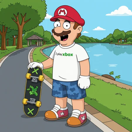 A digital drawing in a cartoon style depicts mario . He wears a white T-shirt with "I play xbox" and blue camo shorts,holding a skateboard with a green x design. He stands on a paved path beside a serene lake with trees and a gazebo in the background,