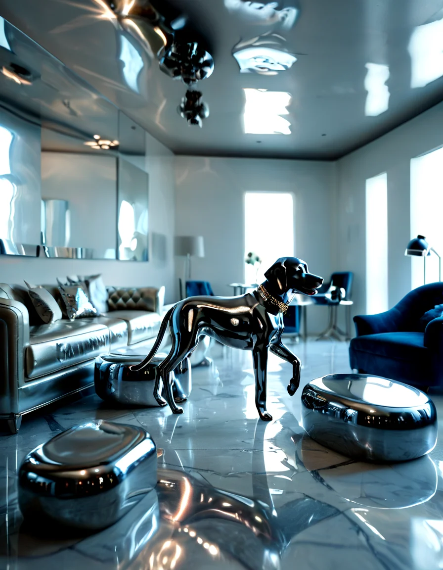 score_9, score_8_up, score_7_up, chromelora, dog, solo, chrome skin, potrait, reflecting, shiny