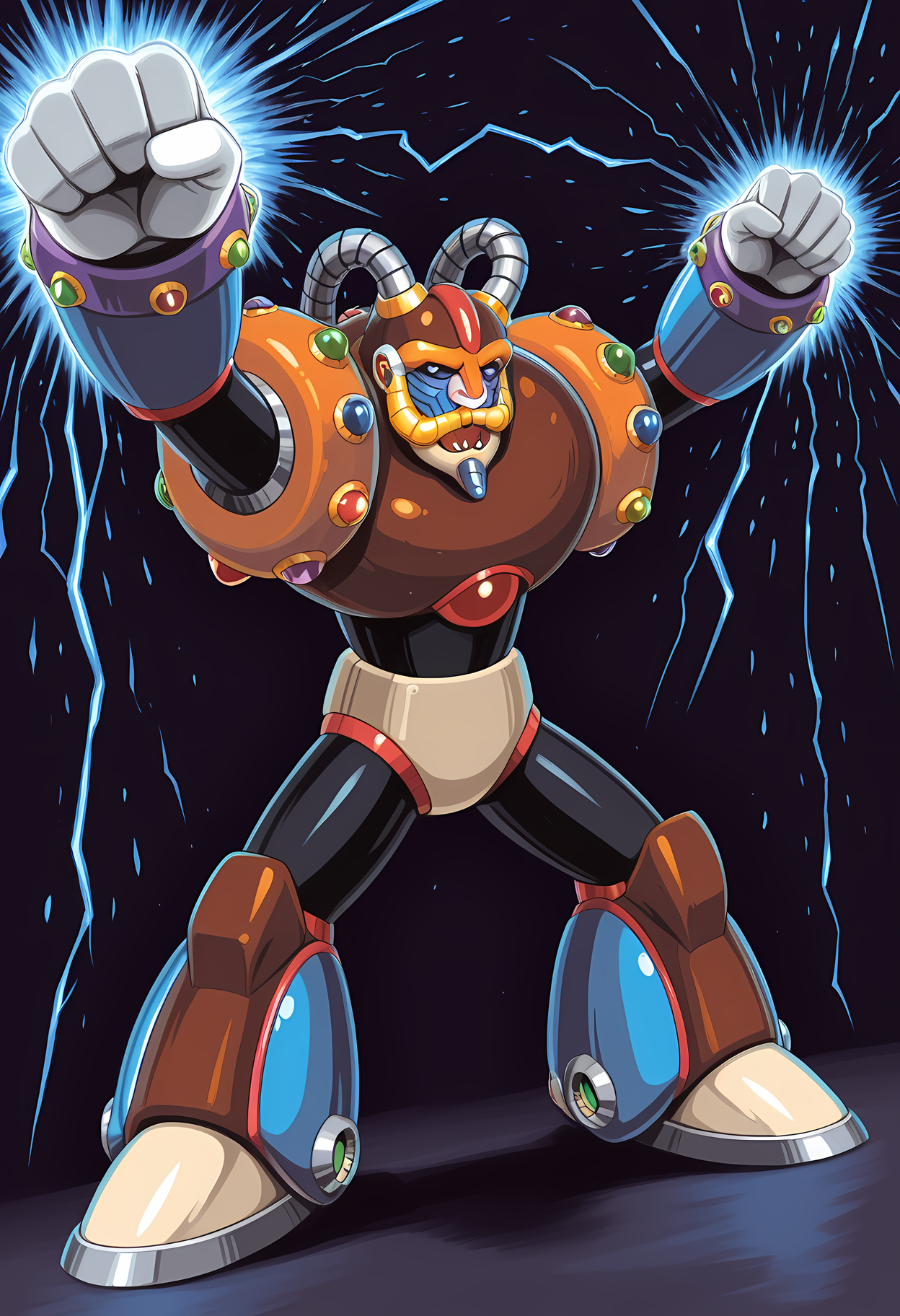 masterpiece, best quality, amazing quality, dutch angle, abstract background, BREAK
arms raised, mouth open, electricity, sparks, BREAK
1boy, solo, male focus, robot, android, mmx_sparkmandrill, mecha, green eyes, BREAK
<lora:cfg_scale_boost:.6>  <lora:Spark_Mandrill_-_Mega_Man_X_-_ILXL:1>