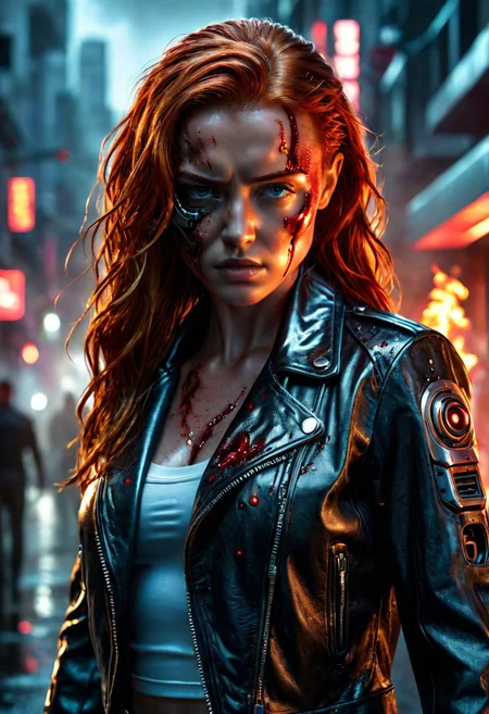 Ultra-realistic high resolution image of a beautiful Terminator, 8k, capturing the intensity of the moment, cinematic lighting, standing on a mysterious street in a fighting pose, wavy red hair, realistic face, half of her bloody face smashed in to reveal a metallic robotic skull, realistic red robotic eye, one human eye, fire, intricately designed leather jacket, tight top and jeans, aesthetic of Terminator movies, perfect athletic figure, beautiful Sadie Sink as Terminator, fire, ultra-realistic, cinematic style, athletic figure, sci-fi, dramatic lighting, wet and sweaty skin, dirty bloody skin, athletic figure, dramatic lighting, Greg Rutkowski style, hyper-detailed, hyper-realistic, bright colors, Attractive 25 year old girl, Attractive, beautiful solid body, sharp focus, digital painting, Photo taken on Nikon D750, Alphonse Mucha, 8K, athletic figure, Hyperdetailed, hyperrealism, Attractive, Attractive busty girl, asymmetrical balance