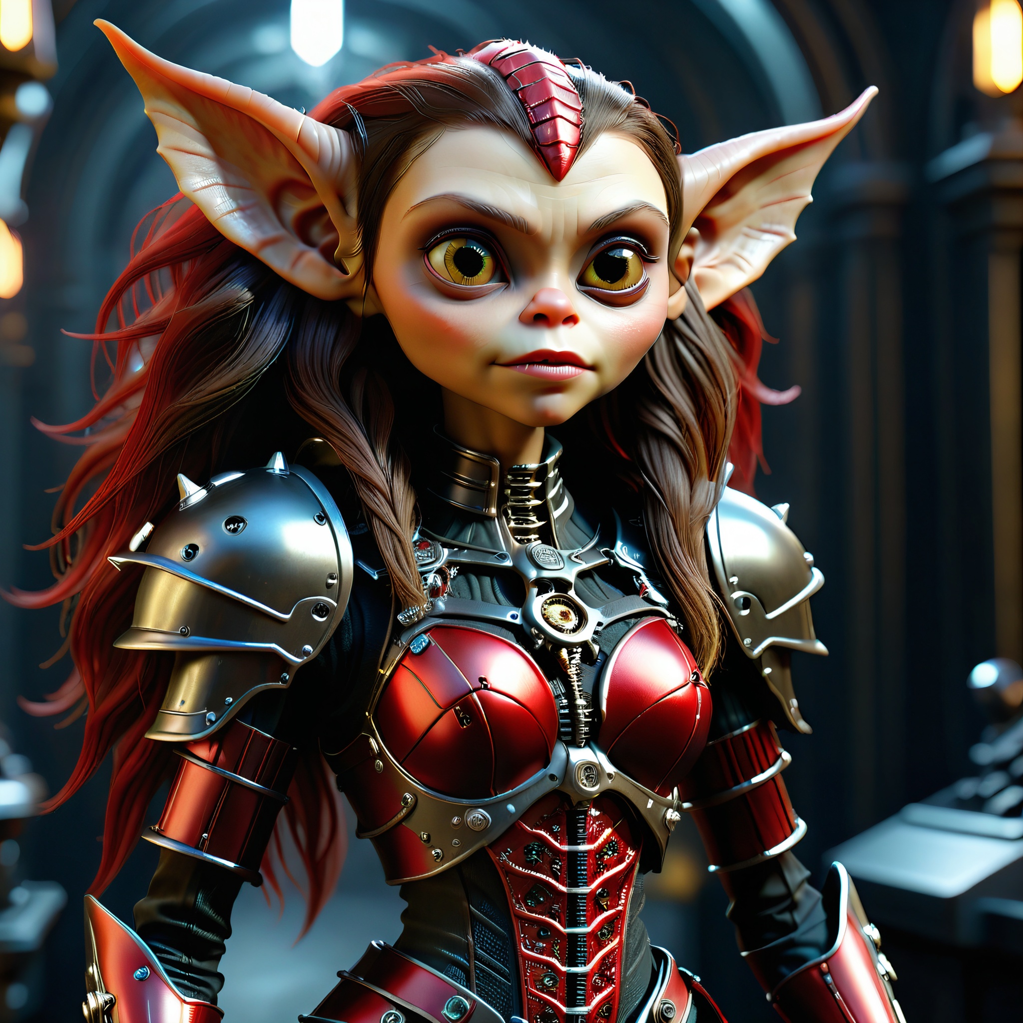 masterpiece, intricate photo of chritmas female mechanical alien android gremlin in knight armor,long hair, vampire clothing, death angel dress, cyberpunk style, steampunk style, gothic art, red black dress, hyper realistic, highly detailed, sharp focus, best quality, 8K