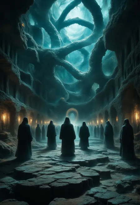 A vast and endless underworld, Sheol stretches beneath the earth like a forgotten chasm, its atmosphere thick with an eerie, otherworldly silence. The ground is cracked and lifeless, composed of blackened stone and ashen dust, while towering jagged pillars fade into an eternal twilight. The air is heavy with a ghostly mist, swirling around the countless shadowy figures, endless in number, stretching as far as the eye can see.
These spectral forms, their shapes flickering between solid and translucent, drift aimlessly in the gloom—faceless, hollow-eyed, their bodies blurred between existence and nothingness. Some stand motionless, frozen in time, while others shuffle forward in eternal silence, lost to the void. Their outlines waver, dissolving like smoke only to reform again, as if trapped in an endless loop of forgotten souls.
Dim, flickering lights, like dying embers, float aimlessly in the gloom, casting faint, shifting glows over the abyss. The walls of Sheol seem to stretch infinitely, carved with ancient, unreadable inscriptions, whispering the secrets of the dead. Deep within, shadowy doorways hint at even darker depths, places where the silence is broken only by the distant echoes of murmured laments.
A sense of vast isolation and eerie tranquility lingers, as if time itself has lost meaning. There is no fire, no torment—only the weight of eternal stillness, the mournful whispers of the countless souls that have long faded from the world above.
Ultra-detailed, cinematic lighting, dark fantasy, gothic realism, atmospheric and haunting, hyper-realistic textures, eerie and mystical composition. DarkAtmosCE style, aidmamj6.1