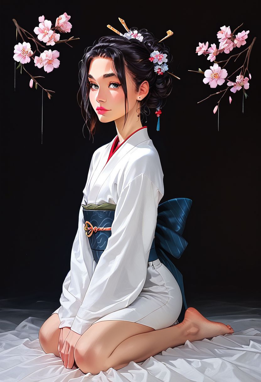 score_9, score_8_up, realistic, photo, highly detailed, fantasy, traditional media, 
/BREAK/ 
solo:1.1, alone:1.1, ((20 year old femboy), Japanese, black hair, feminine face, tall, slim, long face, slim waist, feminine jaws, ((huge eyelashes)), geisha makeup, Japanese kimono, background traditional Japanese home, detailed background, ((geisha make up)), bare feet, exposed feet, dark background, tiny mouth, dark eyes, cherry blossom, bright smile, ((kneeling))