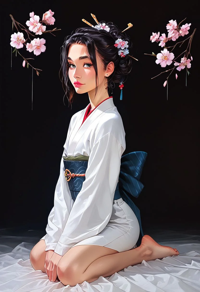 score_9, score_8_up, realistic, photo, highly detailed, fantasy, traditional media,
/BREAK/
solo:1.1, alone:1.1, ((20 year old femboy), Japanese, black hair, feminine face, tall, slim, long face, slim waist, feminine jaws, ((huge eyelashes)), geisha makeup, Japanese kimono, background traditional Japanese home, detailed background, ((geisha make up)), bare feet, exposed feet, dark background, tiny mouth, dark eyes, cherry blossom, bright smile, ((kneeling))