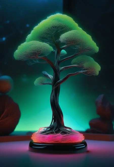 score_9, score_8_up, masterpiece, extremely detailed, best quality, highres, tiny neon glass filaments,, w0gf1l, a tree from an alien world, scenery