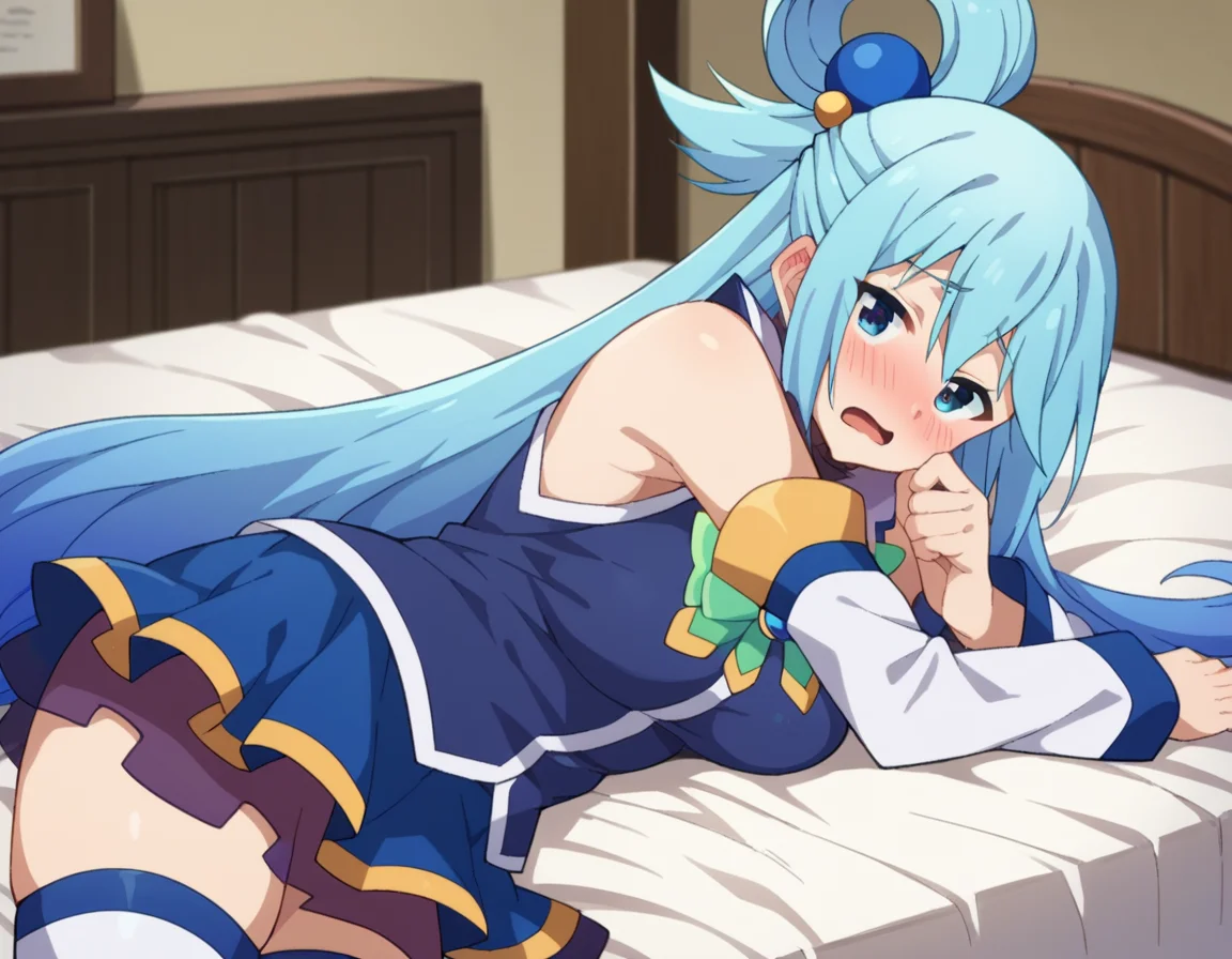 score_9, score_8_up, score_7_up, source_anime,
konosubaaqua, <lora:konosuba-aqua-s2-ponyxl-lora-nochekaiser:1>,
aqua \(konosuba\), long hair, blue eyes, hair ornament, very long hair, blue hair, hair rings, single hair ring, hair bobbles,
skirt, shirt, thighhighs, bare shoulders, detached sleeves, white thighhighs, blue skirt, blue shirt, green bow,
indoors, bed, bed room, on side, blush, drunk,
looking at viewer, cowboy shot, dutch angle,