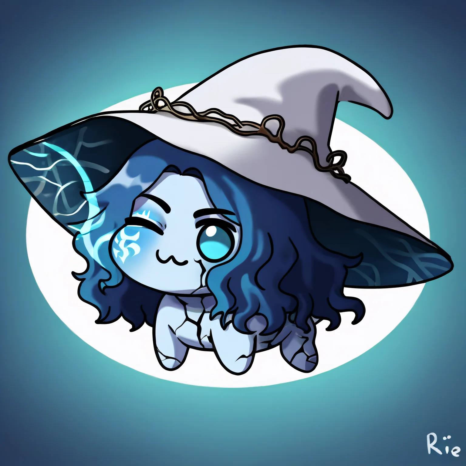 <lora:Doro_X_PDXL_V1:0.9> score_9, source_cartoon, doro, creature, :3, chibi, four legs, no humans, <lora:Ranni_XLPD:0.8> IncrsXLRanni, wavy hair, blue hair, blue skin, colored skin, cracked skin, extra faces, witch hat, one eye closed, abstract background