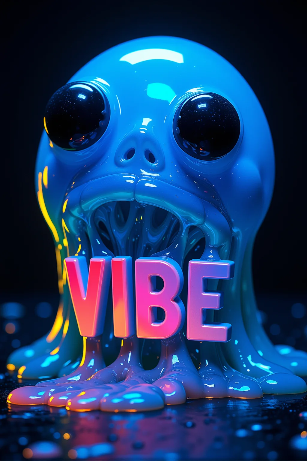 Closeup macrophotography portrait of a blue slime amoeba with large black eyes and a huge mouth. The amoeba is covered in soggy mucus. Stylized 3D text with a fun typeface, with diffused light. The amoeba's exoskeleton is transparent, like glass, revealing it's inner parts. A rainbow flourescent sheen reflects the ambient light. Artistic macro surrealist amoeba. The 3D text reads "VIBE". Dimly lit but colorful and vivis composition. The text is centered and in the middle of the frame.