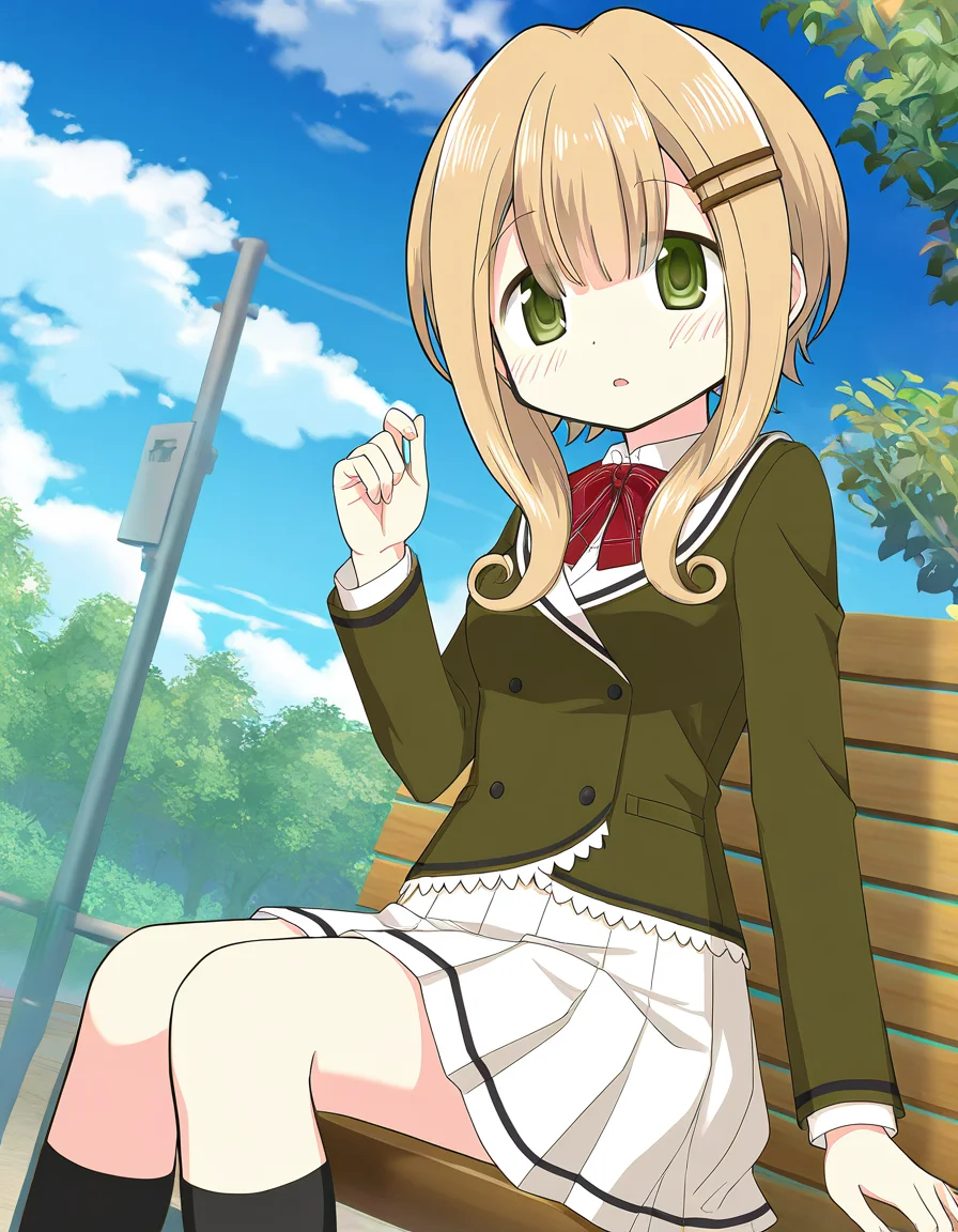masterpiece, best quality, newest, absurdres, highres, safe, 1girl, satori kagome \(school uniform\), magia record: mahou shoujo madoka magica gaiden, solo, sitting, outdoors, dutch angle, <lora:satori_kagome_noobaiXLNAIXL_vPred10Version:0.7>