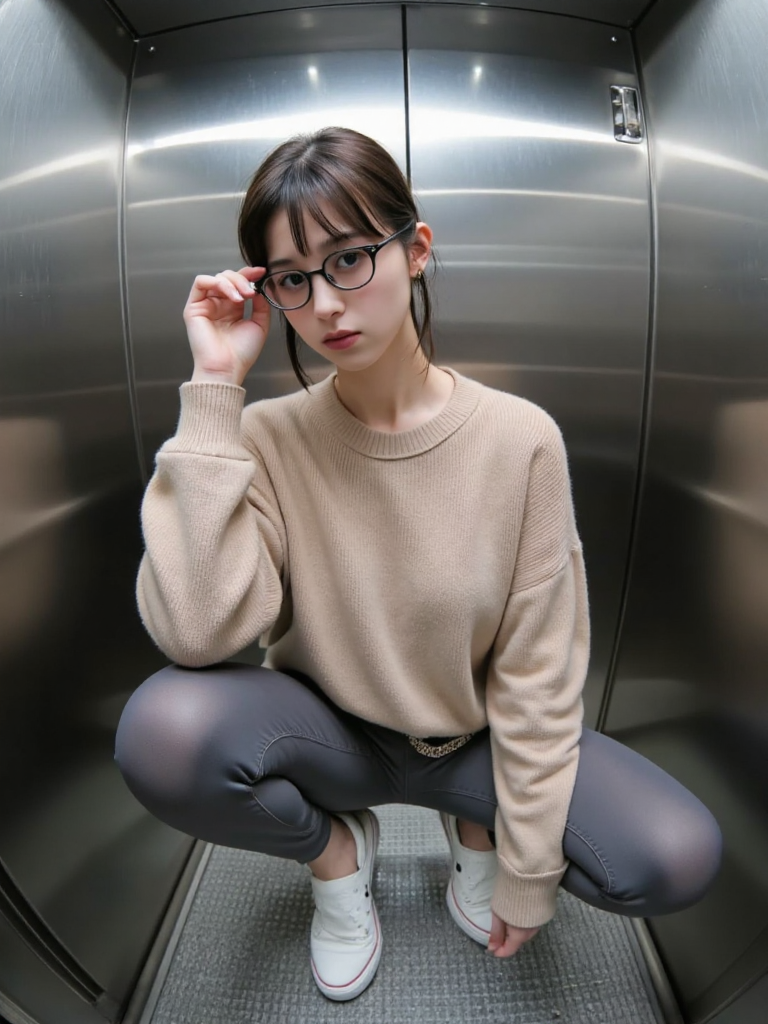 There are wonderful studio lights and various reflections,
18yo beautiful cute girl with blushing and female orgasm.skin naturally showing the texture of blood vessels and detailed pale skin,
--,
<lora:Nakajo_Ayami_f1:1>,she is Nakajo Ayami,
(Oversized_sweater:1.4),(Leggings:1.3),(Slip-on_sneakers:1.2), In a confined,metallic elevator,a model poses confidently,captured through a fisheye lens that warps the surroundings and amplifies the boldness of the scene. The distorted perspective exaggerates the curves of the small space,making the model appear larger-than-life.,pulling them forward slightly as she looks directly into the fisheye lens. Her glasses add a layer of mystery and attitude,while the reflective surfaces of the elevator create an industrial,futuristic backdrop that contrasts with her.,The fisheye effect distorts the lines of the elevator,making the entire composition feel surreal and edgy,while enhancing the modelâs fierce pose and striking fashion choices. The scene feels like a moment from a high-fashion editorial,where avant-garde style meets futuristic minimalism,brought to life through the lens of bold photography.,, #é±¼ç¼çµæ¢¯
