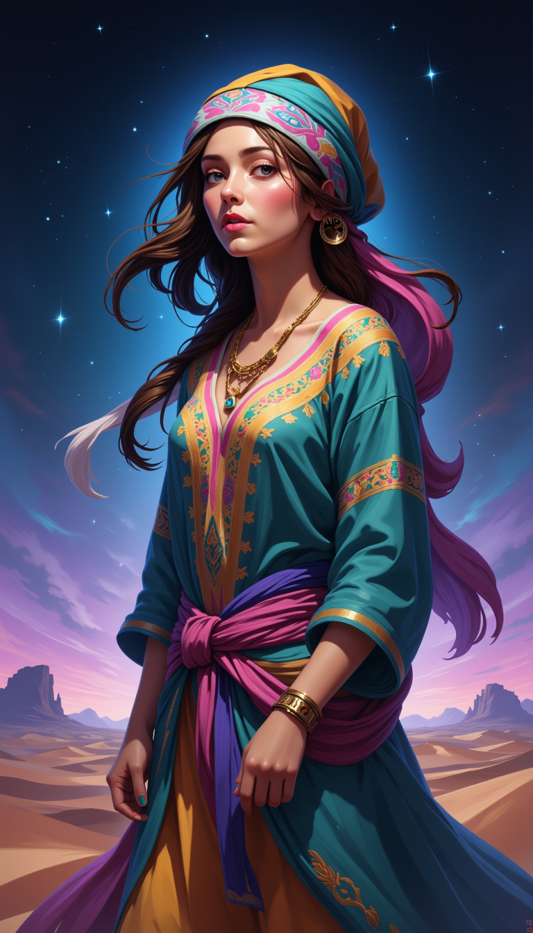 digital painting, nomad, desert, night time, starry sky, colorful kaleidoscope patterns, moving clothing, vibrant colors, detailed face, various emotions, intricate background, surreal, whimsical, bohemian, dreamy, artistic, emotional depth, detailed foreground, soft lighting, dark background, turquoise, purple, pink, golden, yellow, blue, green