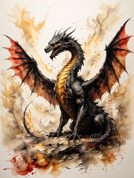 a figure described as a red-golden dragon, fast asleep; thrumming came from his jaws and nostrils, and wisps of smoke, but his fires were low in slumber. Beneath him, under all his limbs and his huge coiled tail, and about him on all sides stretching away across the unseen floors, lay countless piles of precious things, gold wrought and unwrought, gems and jewels, and silver red-stained in the ruddy light. Smaug lay, with wings folded like an immeasurable bat, turned partly on one side, so that the hobbit could see his underparts and his long pale belly crusted with gems and fragments of gold from his long lying on his costly bed,