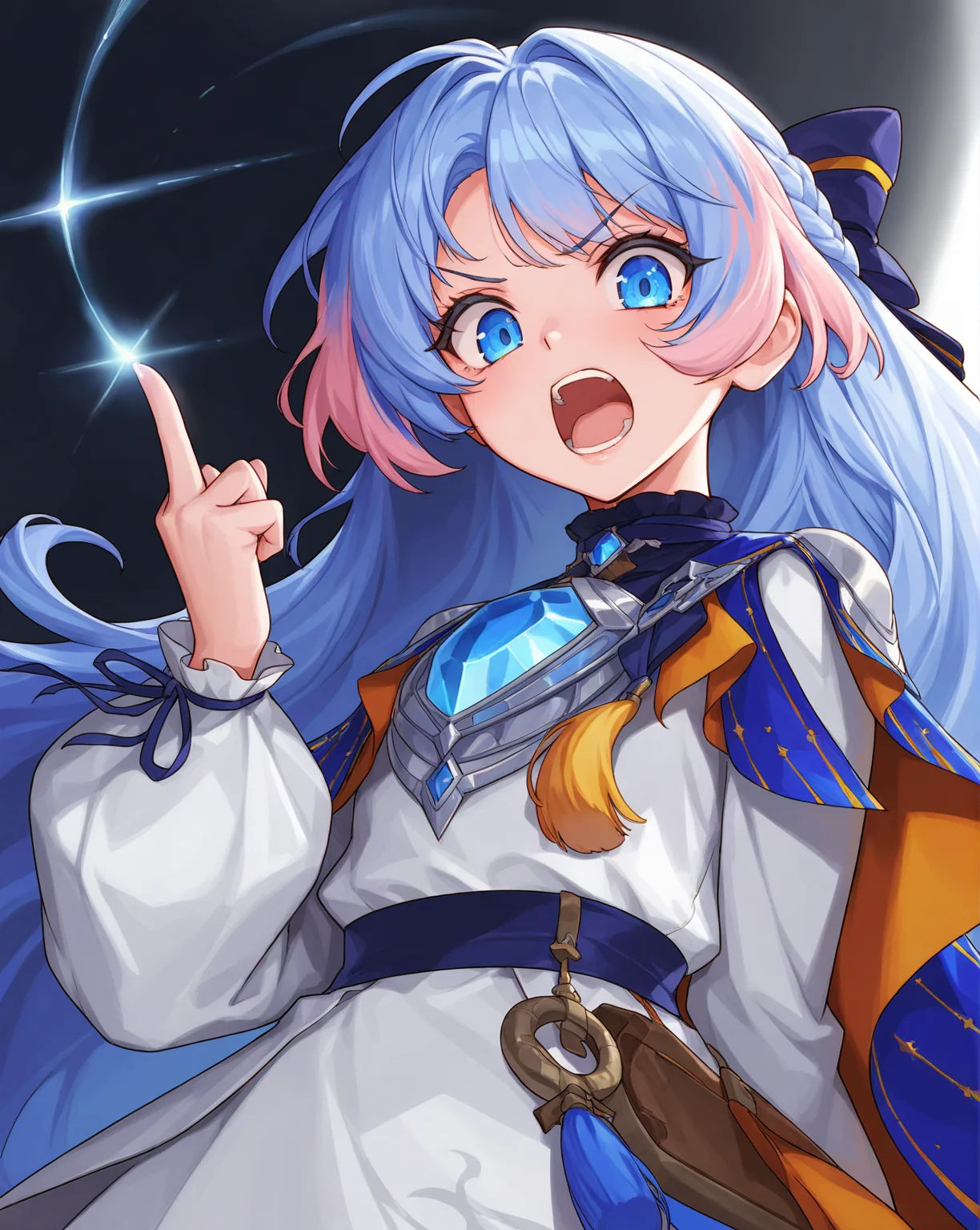 (((masterpiece,best quality,newest,absurdres,highres))),shume,1girl,blue eyes,blue hair,very long hair,braid,multicolored hair,long sleeves,ribbon,bow,hair bow,cape,white dress,hair ribbon,<lora:èèå°æ°æ®_1.1_noob:0.8>,1girl,middle finger,solo,open mouth,upper body,looking at viewer,angry,