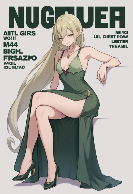 masterpiece, best quality, 1girl, solo, M4gil0u, green eyes, pointy ears, blonde hair, very long hair, hair between eyes, necklace, green dress, long dress, side slit, high heels, magazine cover, pose, photo shoot, posing, sitting, invisible chair, crossed legs, arm rest, smile, looking at viewer, <lora:ChamMagilouIllustriousXL:1>