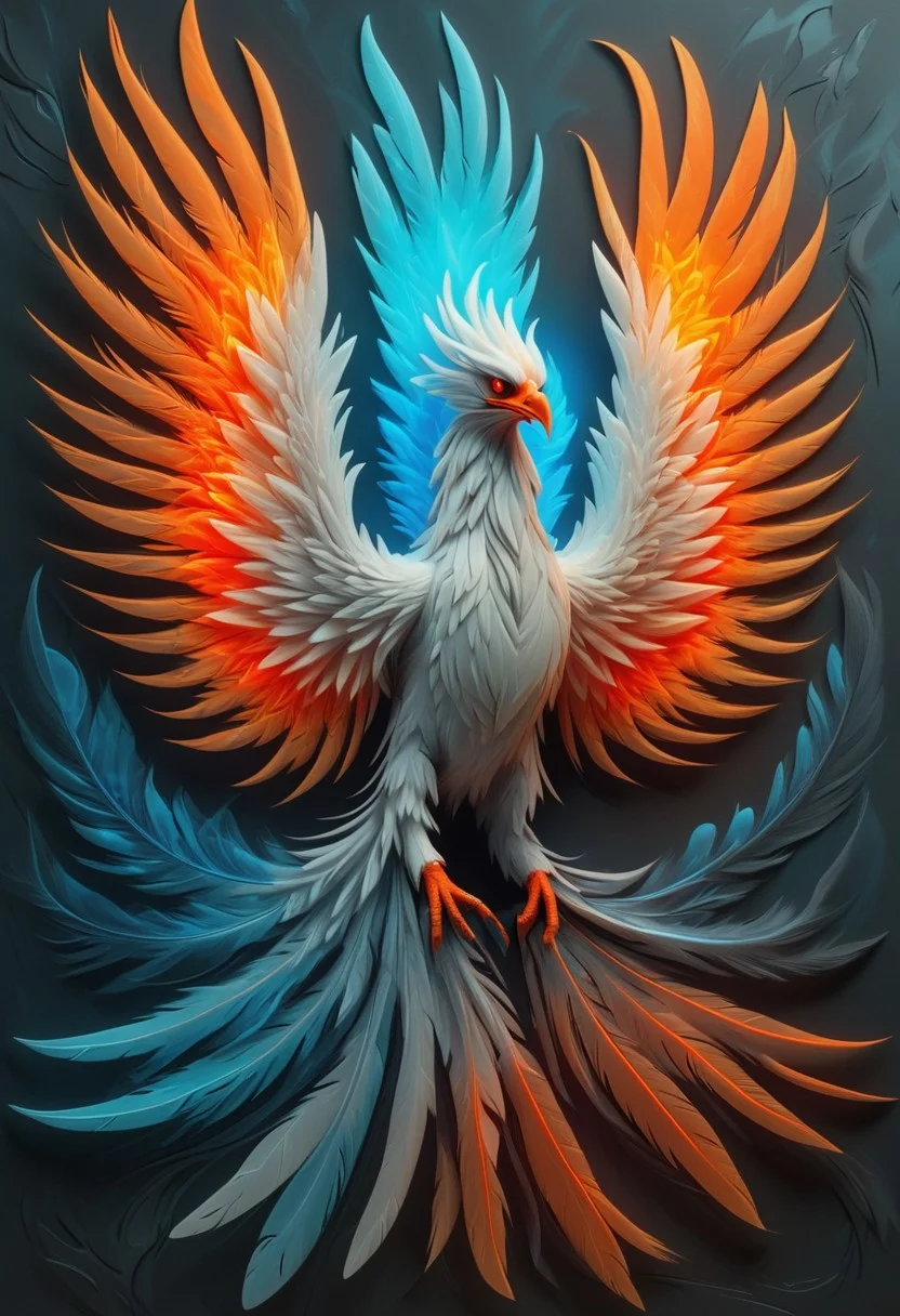 Haunting Print of a Ghostly Phoenix, Abstract Satin Style, Gradients of Fiery Red, Phantom White, and Deep Charcoal, Feathers Glowing in Neon Blue Flames, Sharp Beak Illuminated with Orange Glows, Glossy Finish, Capturing a Resurrected and Mystical Halloween Essence
