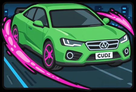 green sports car, stylized Audi, speeding through a futuristic cyberpunk city, wide angle, motion blur, night scene with glowing neon lights and holograms, overexaggerated anime perspective, clean vector style, sharp lines, high contrast colors, game icon aesthetic, 2D stylized illustration, outlined shapes, minimal shading, mid-action pose, dynamic composition, inspired by arcade racing games, CAT - Citron Anime Treasure CAT IL v9, vector, game icon, icons, black outline, detailed
