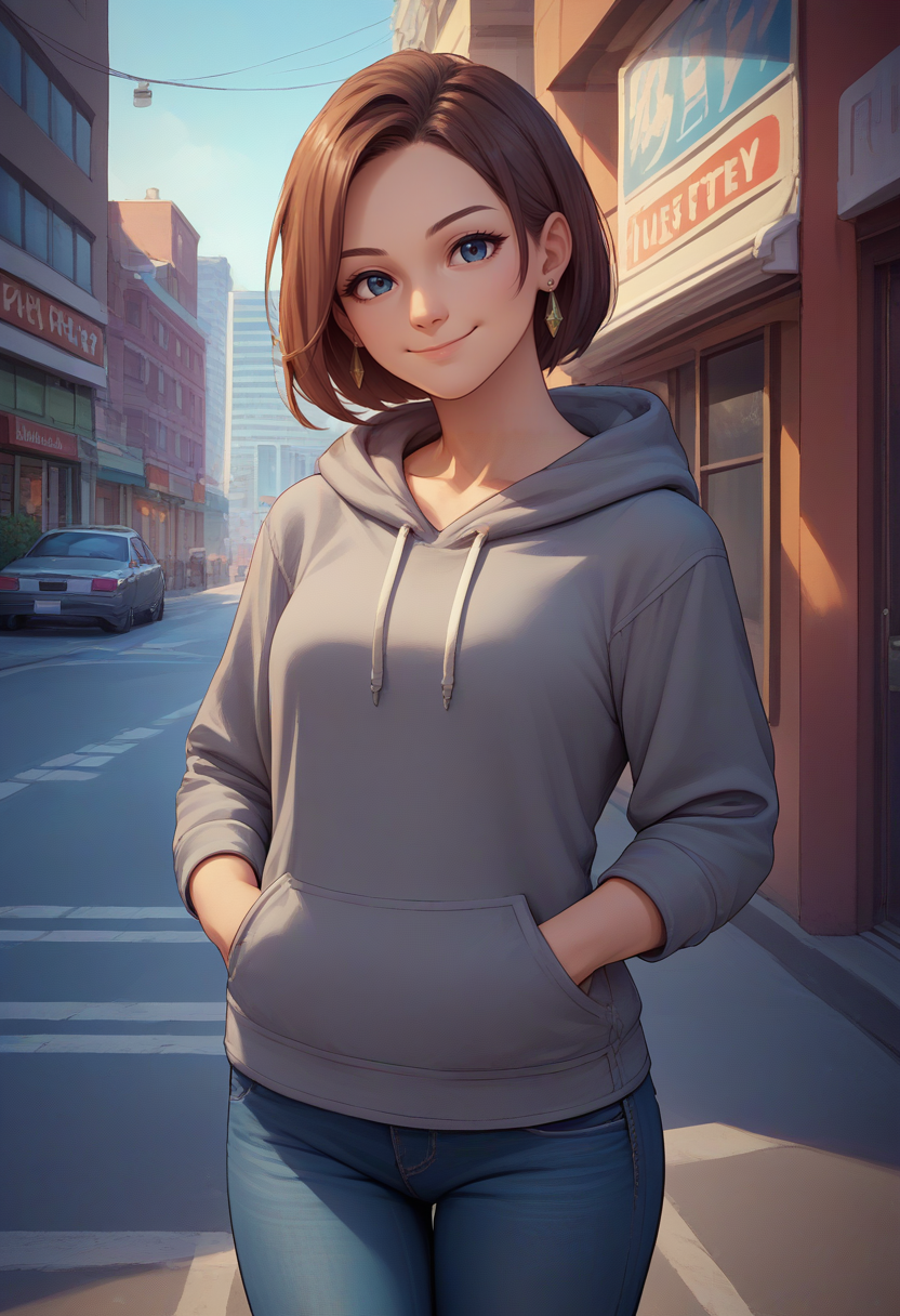 score_9, score_8_up, score_7_up, source_anime, solo, 1girl, trucy wright, smile, closed mouth, looking at viewer, hand in pocket, grey hoodie, jeans, earrings, outdoors, city street <lora:aa_trucywright_ponyXL:1>