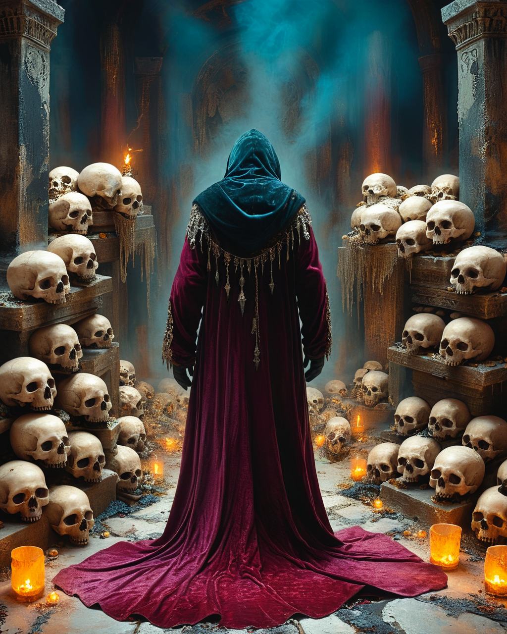 hooded human sorcerer standing in evil temple near a pile of skulls, raised dais, viewed from behind, velvet robe, volumetric lighting, intense colors, <lora:add-detail-xl:1.0>,  <lora:xl_more_art-full_v1:0.4>,   <lora:XSfenlie:1> fenliexl,  <lora:lora:1>, realistic photo