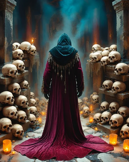 hooded human sorcerer standing in evil temple near a pile of skulls, raised dais, viewed from behind, velvet robe, volumetric lighting, intense colors, <lora:add-detail-xl:1.0>, <lora:xl_more_art-full_v1:0.4>, <lora:XSfenlie:1> fenliexl, <lora:lora:1>, realistic photo