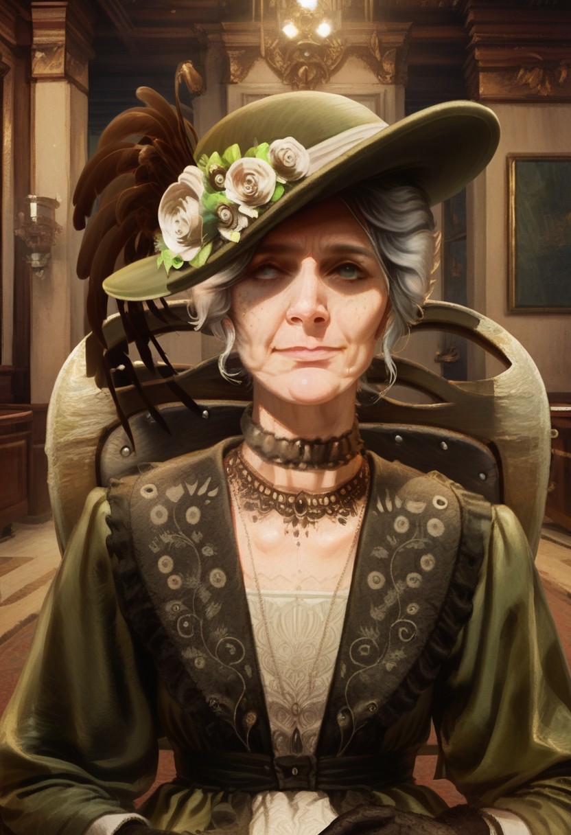 score_9_up, score_8_up, score_7_up, score_6_up, 1girl, solo, Ant0nia_LoP, grey hair, short hair, white eye, green eye, smile, green dress, lace, green hat, hat feather, hat flower, choker, necklace, lace gloves, sitting in wheelchair, upper body, indoors, hotel interior, (realistic, painted art)