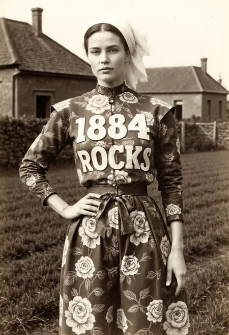 An aged worn sepia monochrome 1800s photograph, 1800's Amish farm background, A breathtaking 1984 fashion full-body photograph portrait, capturing a 1983 Vogue magazine fashion shoot featuring a beautiful model in 1984, wearing Amish bonnet, clothing by London designers PX, BodyMap, Peter Fox, large, tapestry-like floral print from Crolla with giant cabbage rose prints, modeled after old chintz drapery fabric and needlework, and oversized "message shirt" with large block lettering from Katharine Hamnet, text that says "1884 rocks".