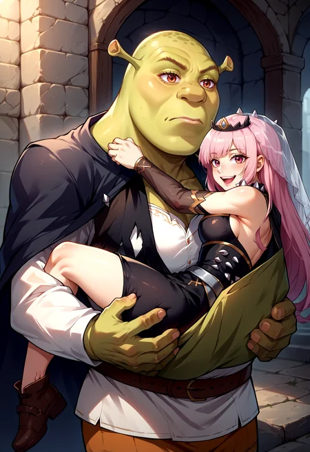 score_9, score_8_up, source_anime, princess carry,
BREAK shrek, green skin, <lora:Shrek_XLPD:1>, expressionless,
BREAK <lora:ChamMoriCalliopePonyXL:1>, MoriBase, long hair, veil, tiara, long black sleeveless dress, cleavage, side slit, torn black cape, shoulder spikes, single black thighhigh, detached sleeves, see-through sleeve, happy,