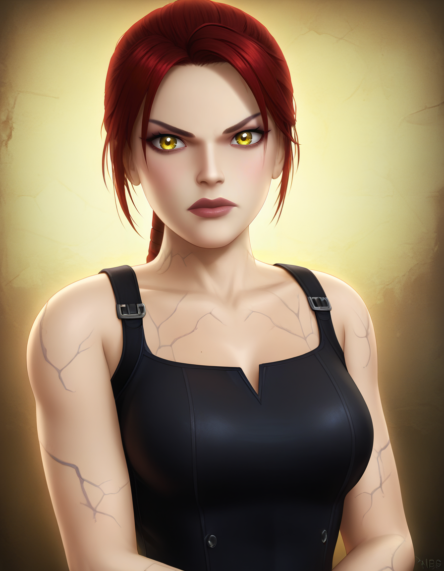 Masterpiece, high-res, 2k, best quality, 2d,  1 girl, laradopple , yellow eyes,  serious, medium shot, black veins, <lora:Lara_dopple_pony-000043:1> Mysterious Embrace: Wrap your arms around yourself in a way that suggests a touch of mystery and intrigue. This pose adds a layer of allure to your presence.