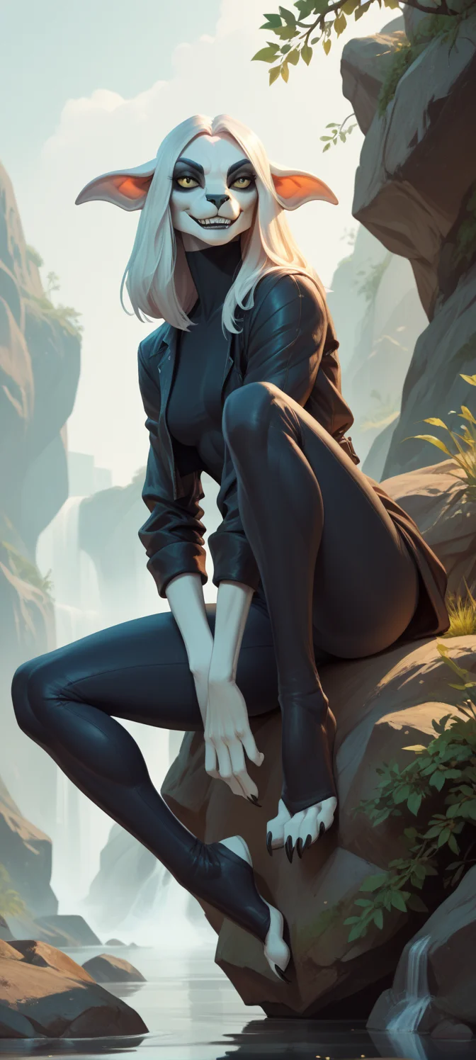 score_9, score_8_up, score_7_up, 1girl, solo, anthropomorphic, Milla Vodello from Psychonauts, Sitting on a large rock with one leg bent, the other leg dangling, hands resting on her knee, and a reflective smile. <lora:ArtgermLycoXL:0.1>, <lora:cutesexyronutts_style_xl:0.3>, <lora:reiq_style:0.3>, <lora:boni:0.3>