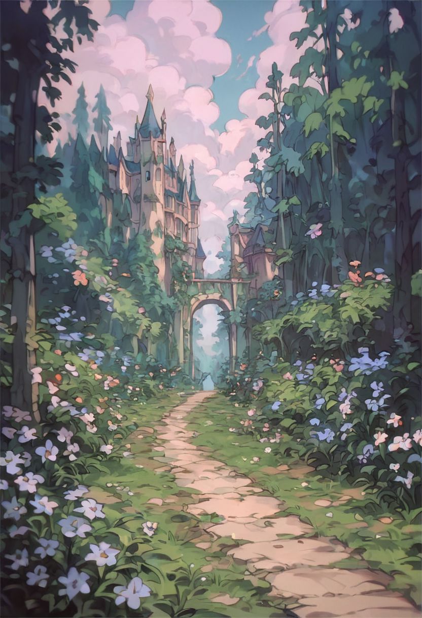 score_9, score_8_up, score_7_up, score_6_up,
nature background, flowers, flower frame, path through the flowers, disney style, small clouds