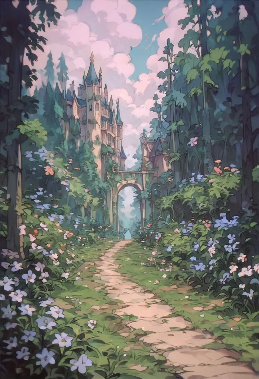 score_9, score_8_up, score_7_up, score_6_up,
nature background, flowers, flower frame, path through the flowers, disney style, small clouds