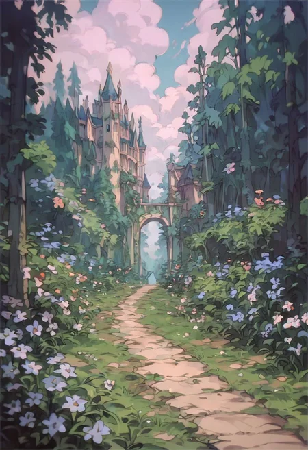score_9, score_8_up, score_7_up, score_6_up,
nature background, flowers, flower frame, path through the flowers, disney style, small clouds