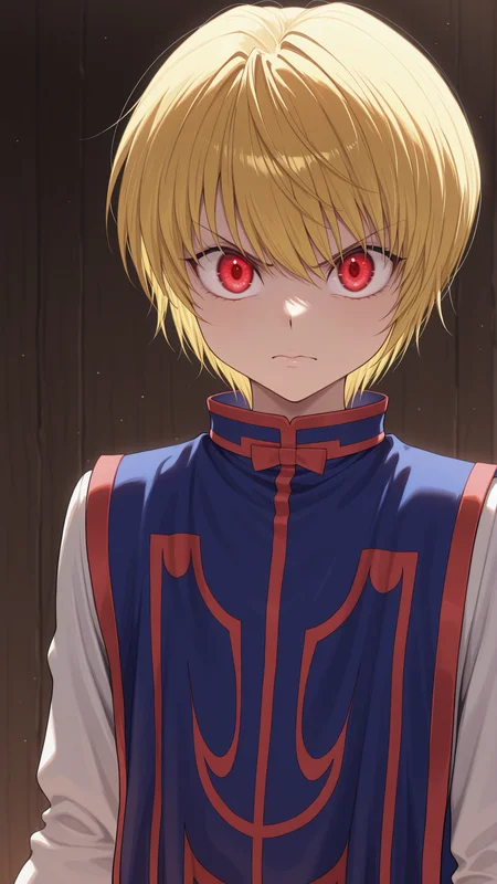 masterpiece, best quality, amazing quality, 1boy, solo, <lora:IlluKurapika:1> illukurapika, blonde hair, short hair, red eyes, white long sleeves, tabard, red trim, upper body, angry, looking at viewer, v-shaped eyebrows,
