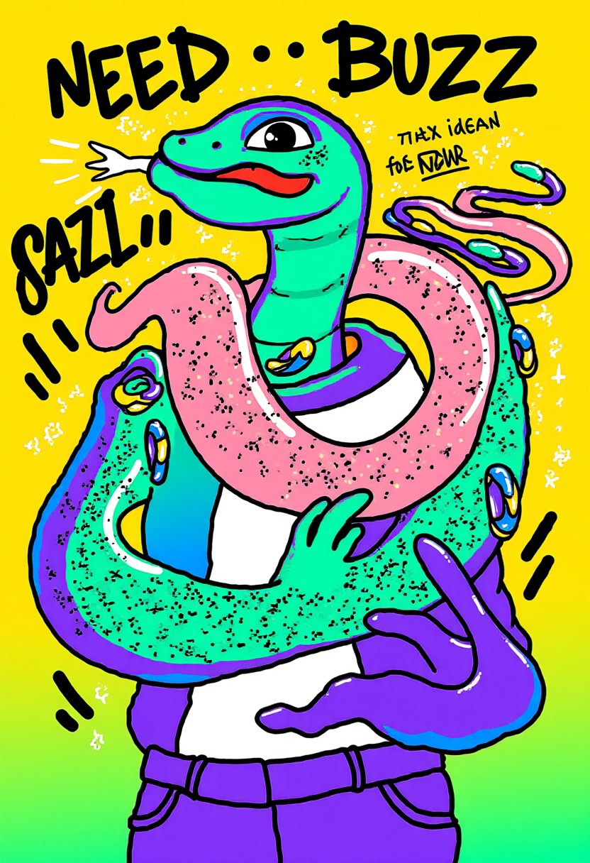 shebaobao. A snake holding a lightning bolt symbol. Caption that reads "Need BUZZ for Flux Snakes!" across top and bottom