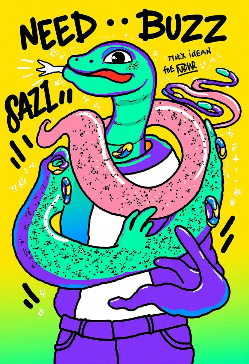 shebaobao. A snake holding a lightning bolt symbol. Caption that reads "Need BUZZ for Flux Snakes!" across top and bottom