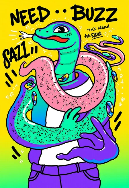 shebaobao. A snake holding a lightning bolt symbol. Caption that reads "Need BUZZ for Flux Snakes!" across top and bottom