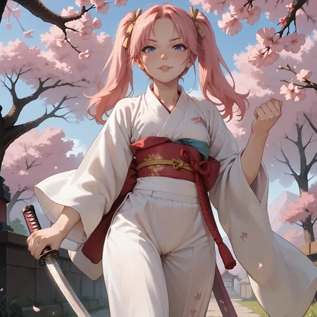 score_9, score_8_up, score_8, score_7_up,score_7, source_anime, rating_explicit, hires, (detailed,best quality:1.2), (<lora:incase-ilff-v3-4:0.7>), 1girl, (<lora:katana-setp1:1>) , holding katana, pink hair, pigtails, long hair, fit, (abs:0.6), wide hips, midriff, narrow waist, cherry blossoms, kimono, clenched fist, looking at viewer