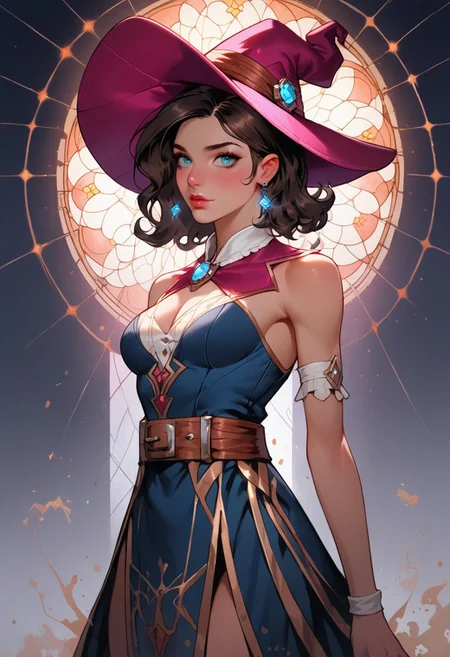 score_9, score_8_up, score_7_up, ((face focus, eye focus, dynamic angle, motion)), 1girl, fantasy, Tarot Card Style, witchkiri, sexy witch costume, witch hat, lace, cape, breathless intimacy, tanned skin, petite model bombshell, heart, young, delicate features, narrow pointy nose, tiny nose, brown hair, medium length hair, bob cut, lust, big eyes, seductive eyes, blue eyes, detailed skin, flared lashes, mascara, makeup, perky medium breasts, athletic body, narrow waist, skinny hips,
warm light, detailed, neon dark party
BREAK
milky way, runes, arcane, astral, surreal, ethereal glow, masterpiece, best quality, intricate design. colorful, moonlit nightsky, stained glass aesthetic, moody whimsical color palette, murano glass, bold soldering lines, volumetric light shining through, crepuscular rays, intricate craftsmanship, detailed texture, luminous transparency, reflective light play, vivid hues, atmospheric depth, enchanting silhouette, art nouveau,